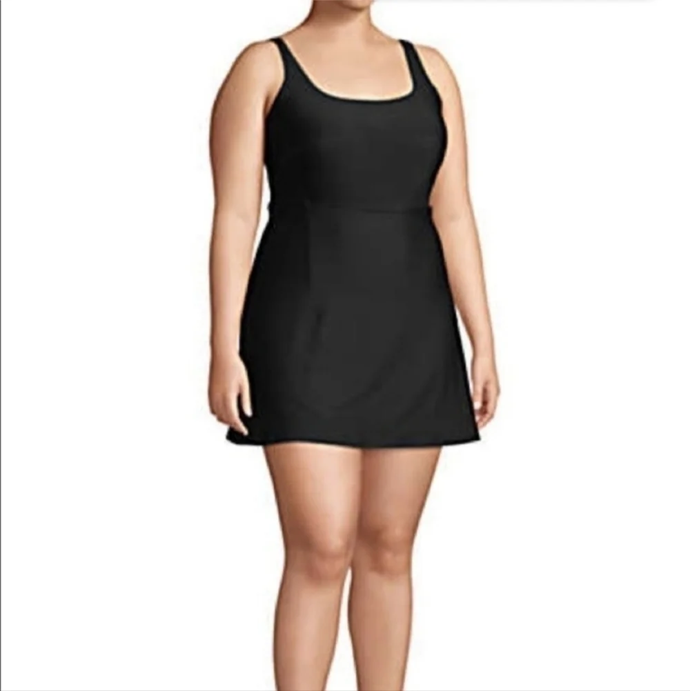 Land’s End Black Swimsuit Dress w/ Shorts Plus Size 24W Adjustable Straps EUC